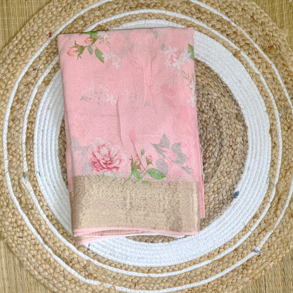 Chiffon Print Saree | Pink - Golden Nivah