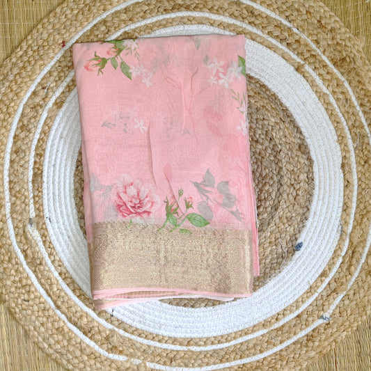 Chiffon Print Saree | Pink - Golden Nivah