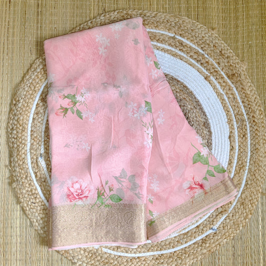 Chiffon Print Saree | Pink - Golden Nivah
