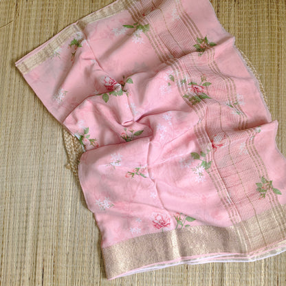 Chiffon Print Saree | Pink - Golden Nivah