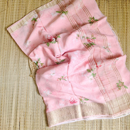 Chiffon Print Saree | Pink - Golden Nivah