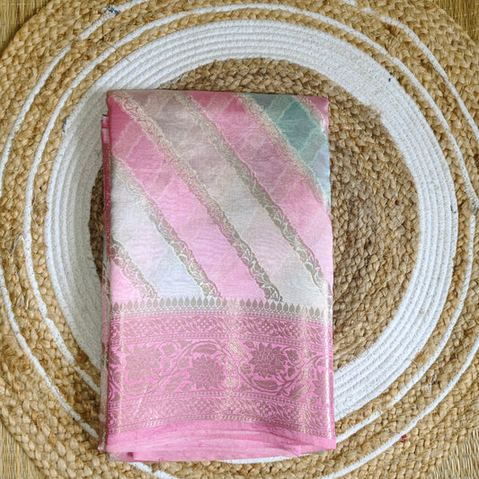 Dupion Silk Rangkat Saree | Pink With Golden Stripes - Golden Nivah