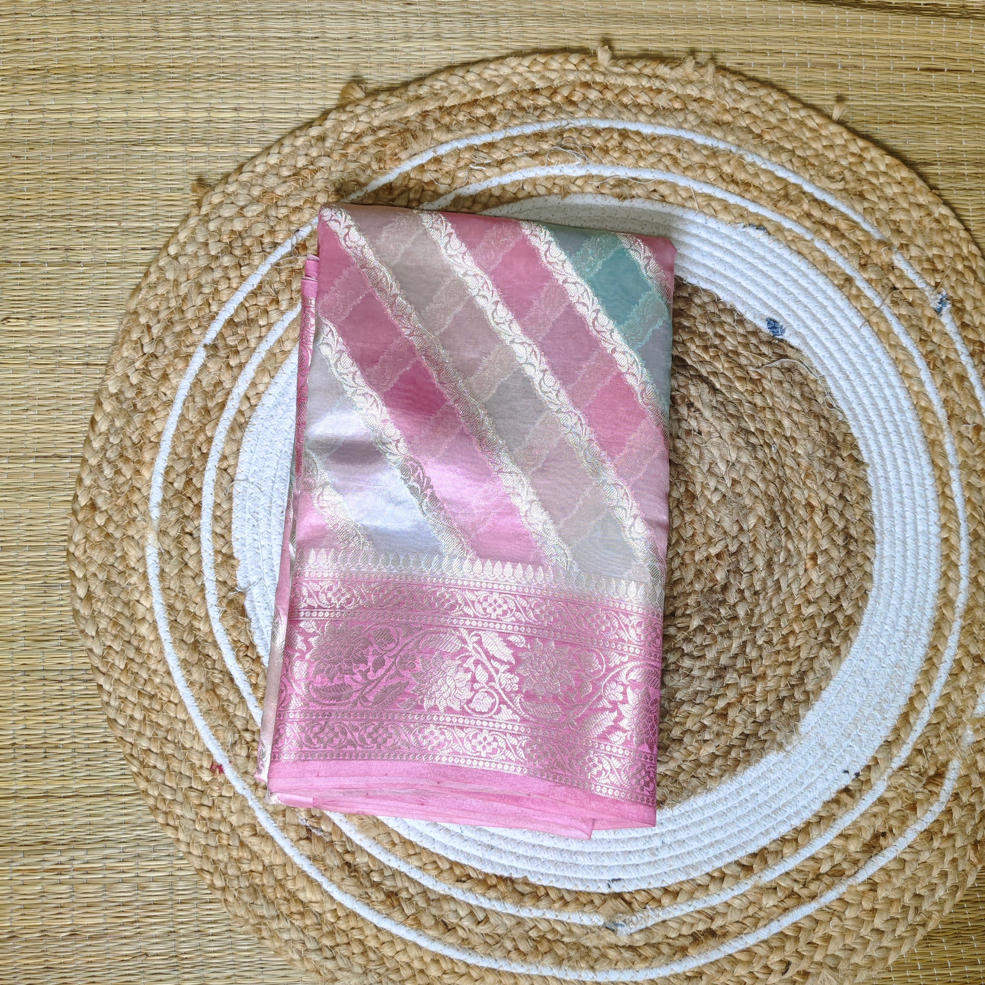 Dupion Silk Rangkat Saree | Pink With Golden Stripes - Golden Nivah