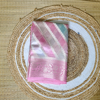Dupion Silk Rangkat Saree | Pink With Golden Stripes - Golden Nivah
