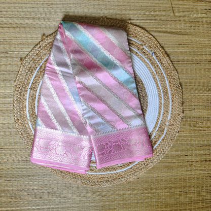 Dupion Silk Rangkat Saree | Pink With Golden Stripes - Golden Nivah