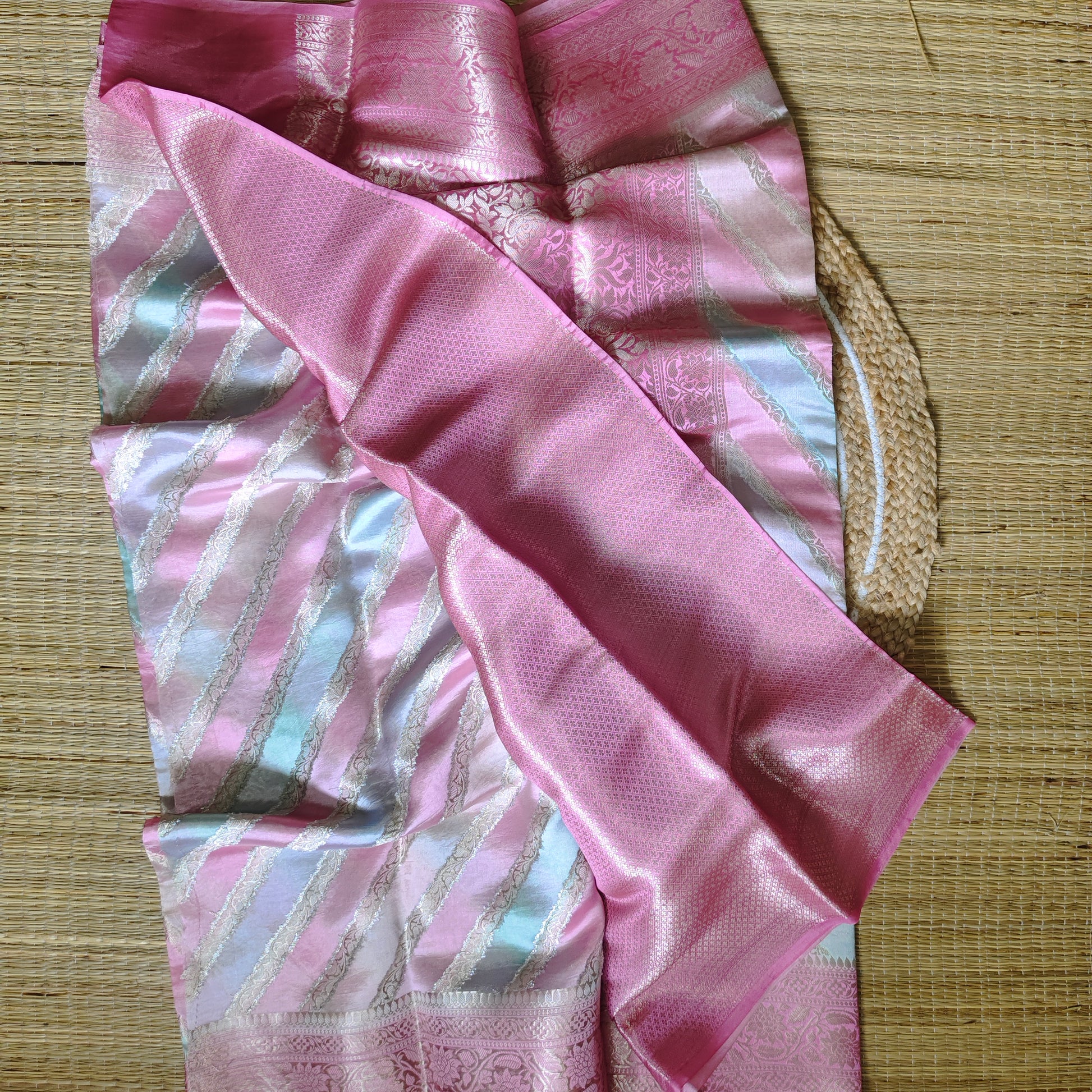 Dupion Silk Rangkat Saree | Pink With Golden Stripes - Golden Nivah