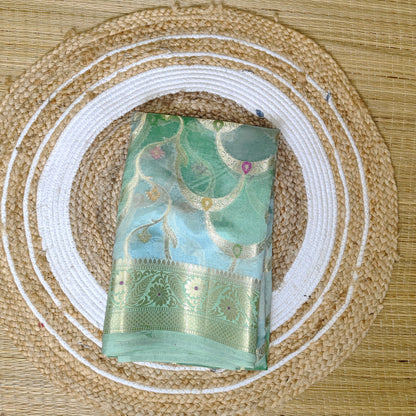 Dupion Silk Rangkat Saree | Green - Golden Nivah