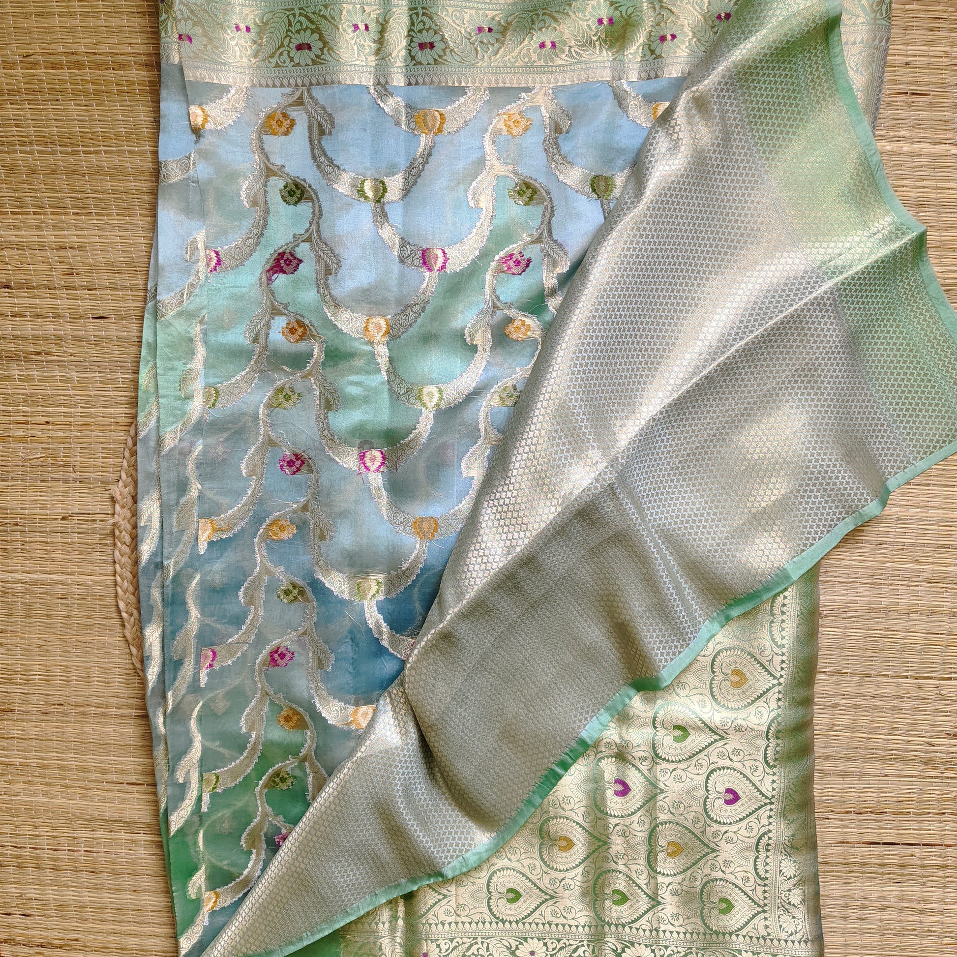 Dupion Silk Rangkat Saree | Green - Golden Nivah