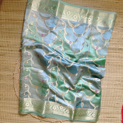 Dupion Silk Rangkat Saree | Green - Golden Nivah