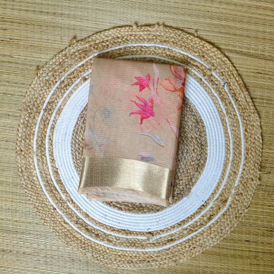 Kota Floral Print Saree | Beige - Golden Nivah