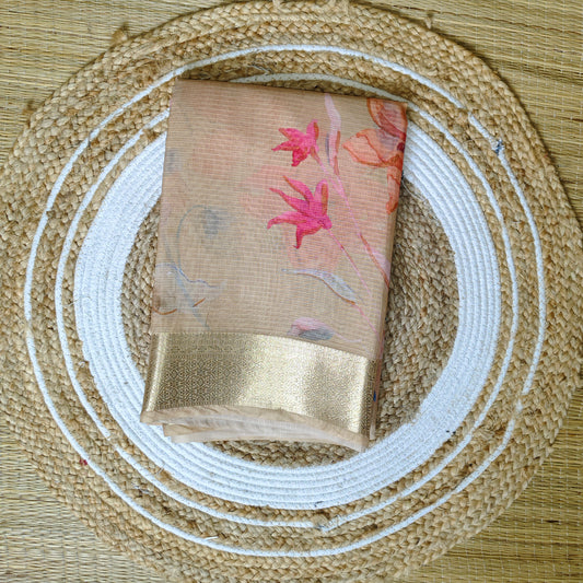 Kota Floral Print Saree | Beige - Golden Nivah
