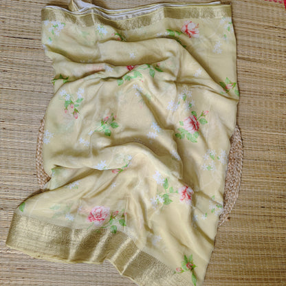 Chiffon Print Saree | Yellow - Golden Nivah