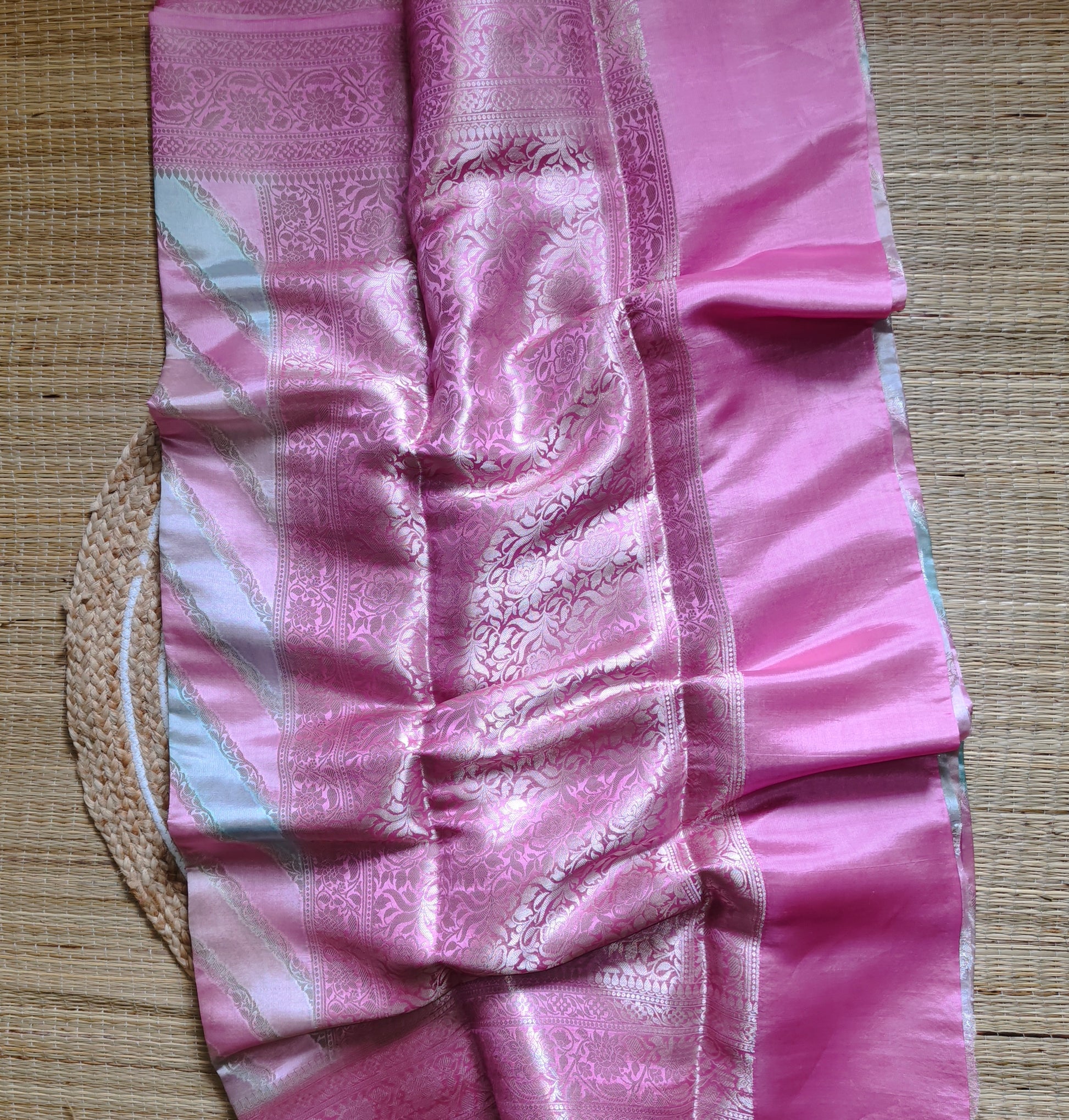 Dupion Silk Rangkat Saree | Pink With Golden Stripes - Golden Nivah