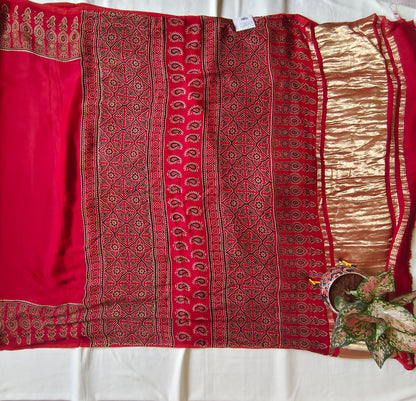 Red Ajrak Modal Silk Saree with Zari