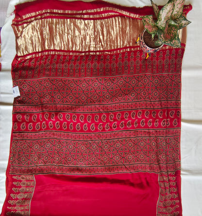 Red Ajrak Modal Silk Saree with Zari