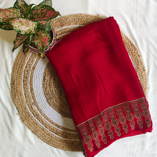 Red Ajrak Modal Silk Saree with Zari