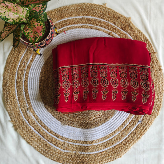 Red Ajrak Modal Silk Saree with Zari