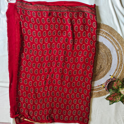 Red Ajrak Modal Silk Saree with Zari