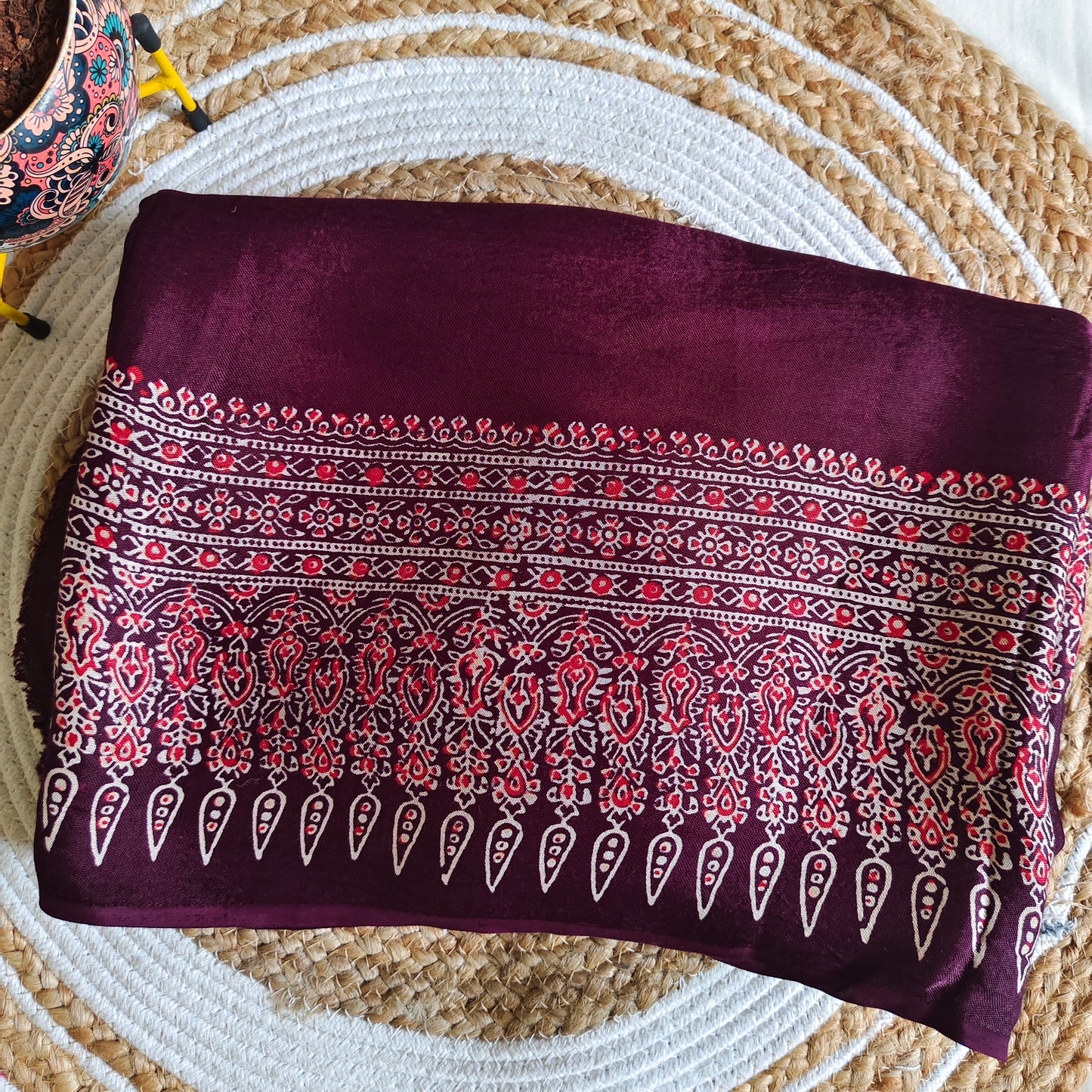 Maroon Ajrak Modal Silk Saree