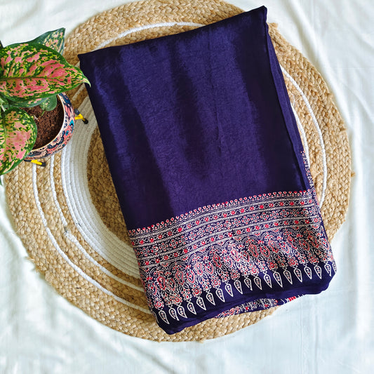 Blue Ajrak Modal Silk Saree