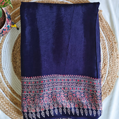 Blue Ajrak Modal Silk Saree