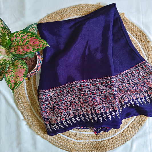 Blue Ajrak Modal Silk Saree