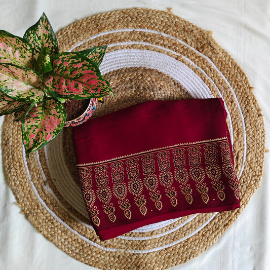 Maroon Ajrak Modal Silk Saree with Zari